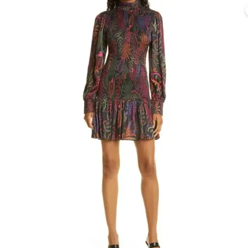 Farm Rio Frutis Dream Print Long Sleeve Black Smocked Mini Dress Size S